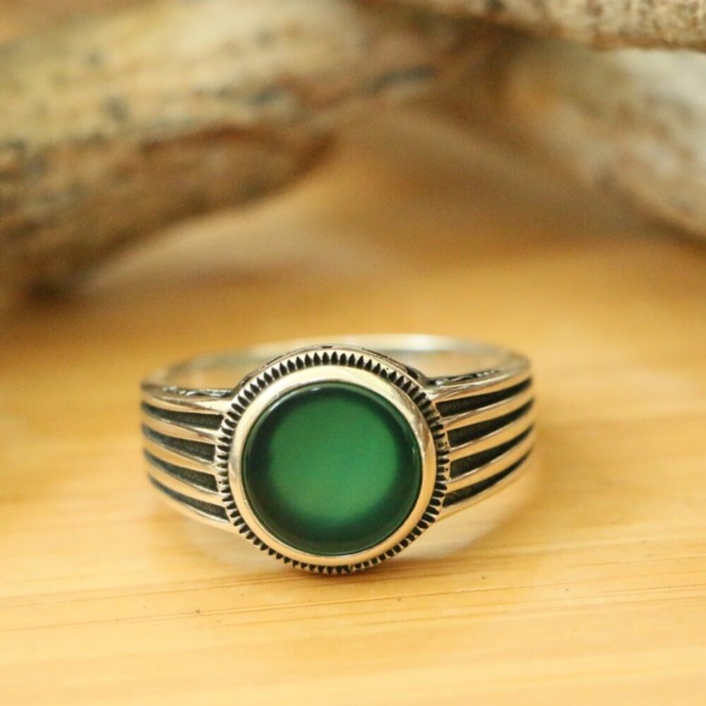 925 Sterling Silver Mens Rings Green Agate